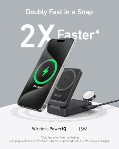 Anker MagGo 3-in-1 Wireless Charging Station, MagSafe-Compatible Qi2 Certified 15W Wireless Stand with Apple Watch and AirPods Support, For iPhone 17/16/15 Series and More (40W USB C Charger Included) - Image 5