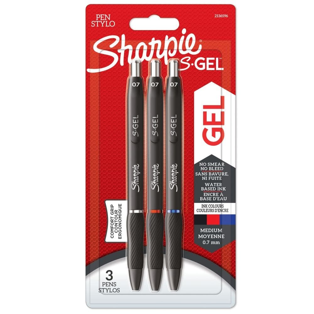 Sharpie 2136596 S-Gel Retractable Gel Pen 0.7mm Medium Point Assorted Black/Blue/Red Pack of 3