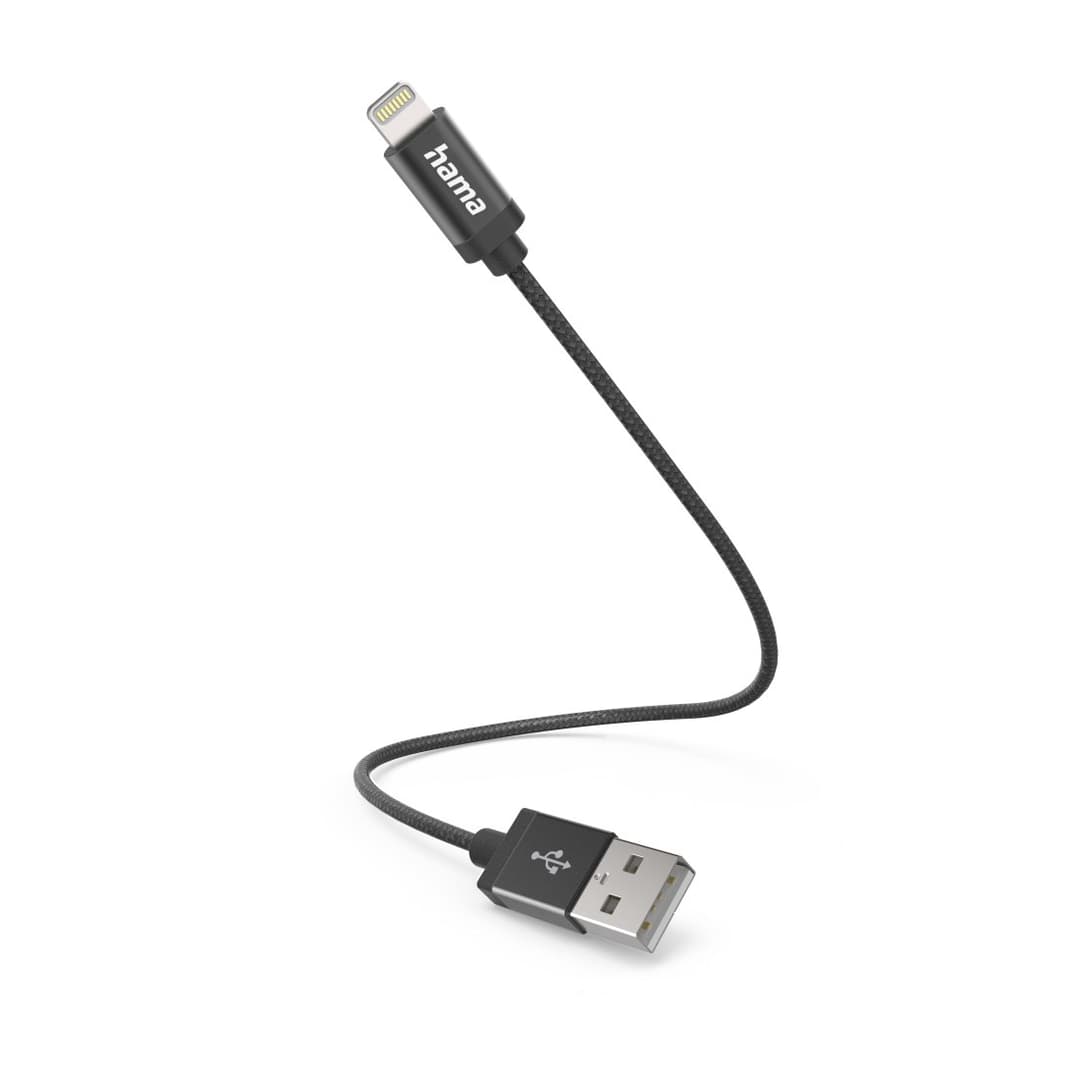 Hama USB-A to Lightning Charging Cable, Nylon, 0.2 m, Black - Image 1