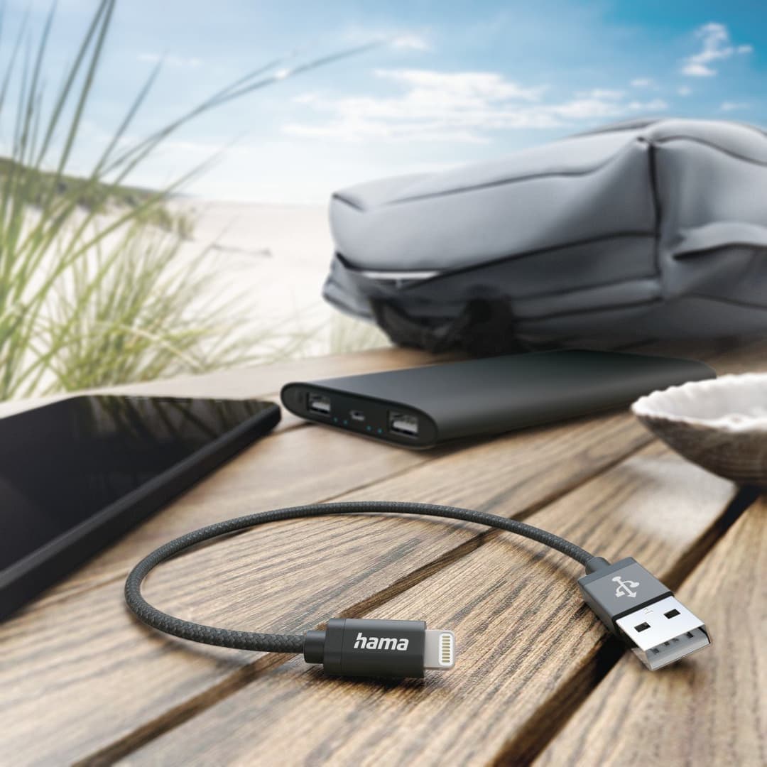 Hama USB-A to Lightning Charging Cable, Nylon, 0.2 m, Black - Image 2