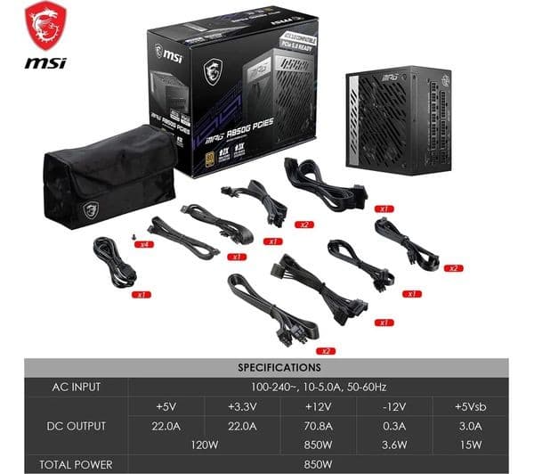 MSI MPG A850G 850W ATX 3.0 Full Modular 80+ Gold PCIe 5.0 Compact Power Supply - Image 6