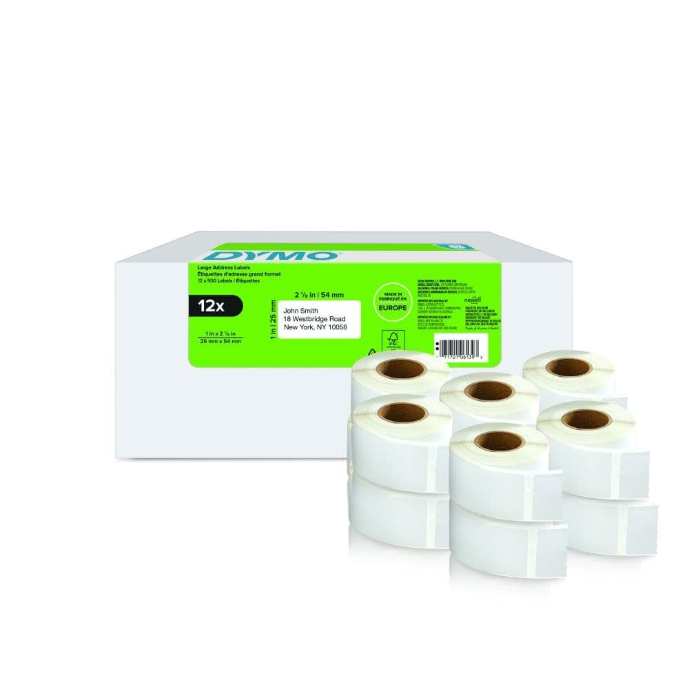 Dymo 11352 12 Rolls Returns Labels Tape Black On White 25mm x 54mm - 500 Labels Per Roll (6000 Labels)