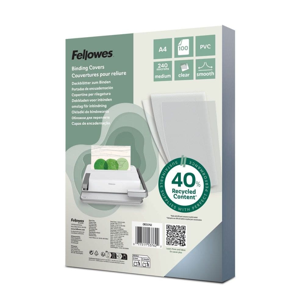 Fellowes 53762 PVC COVER A4 240 MICRONS CLEAR 100 PK