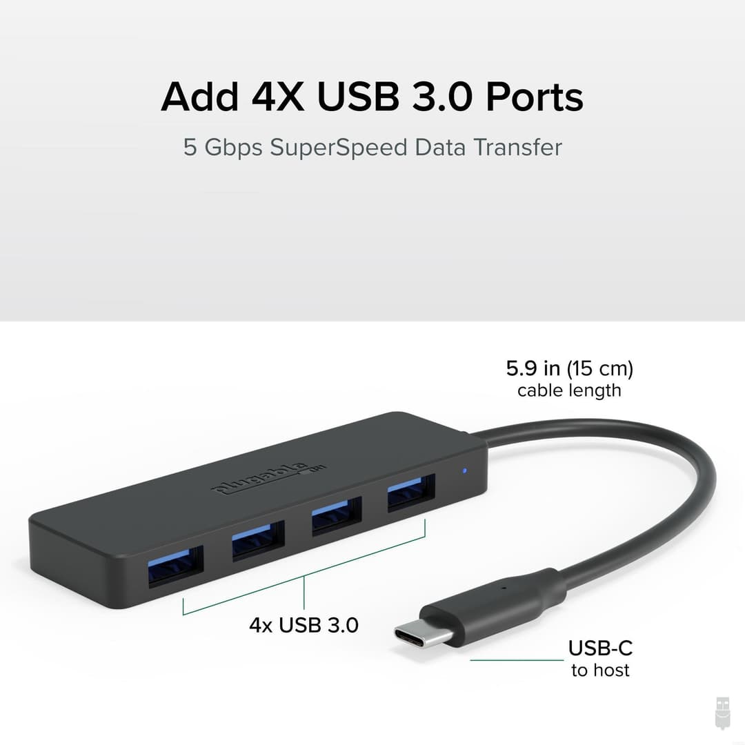 Plugable Technologies USB C to USB Adapter Hub, 4 Port USB 3.0 Hub, USB Splitter for Laptop, Compatible with Windows, MacBook Pro/Air, iPad Pro, Surface Pro, Chromebook, Linux, Android, Charging Not Supported - Image 2