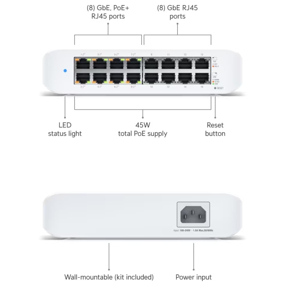 Ubiquiti USW LITE 16 POE Managed Network Switch - 16 Ports - Image 2