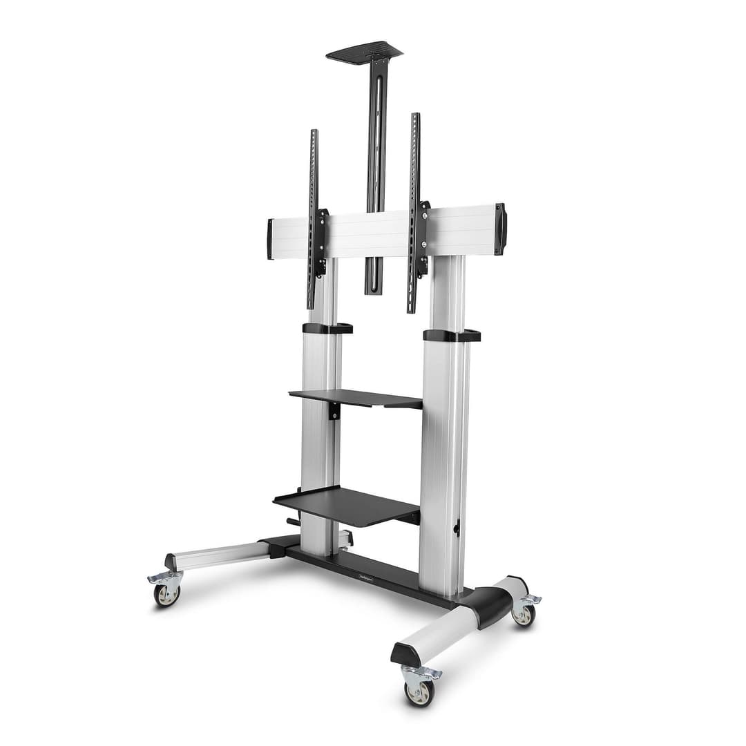 StarTech.com Rolling TV Cart/Stand On Wheels For 60-100inch Flat Screens Up To 220lb (100kg), Height Adjustment via Hand Crank, Mobile/Portable Trolley Mount - Image 1
