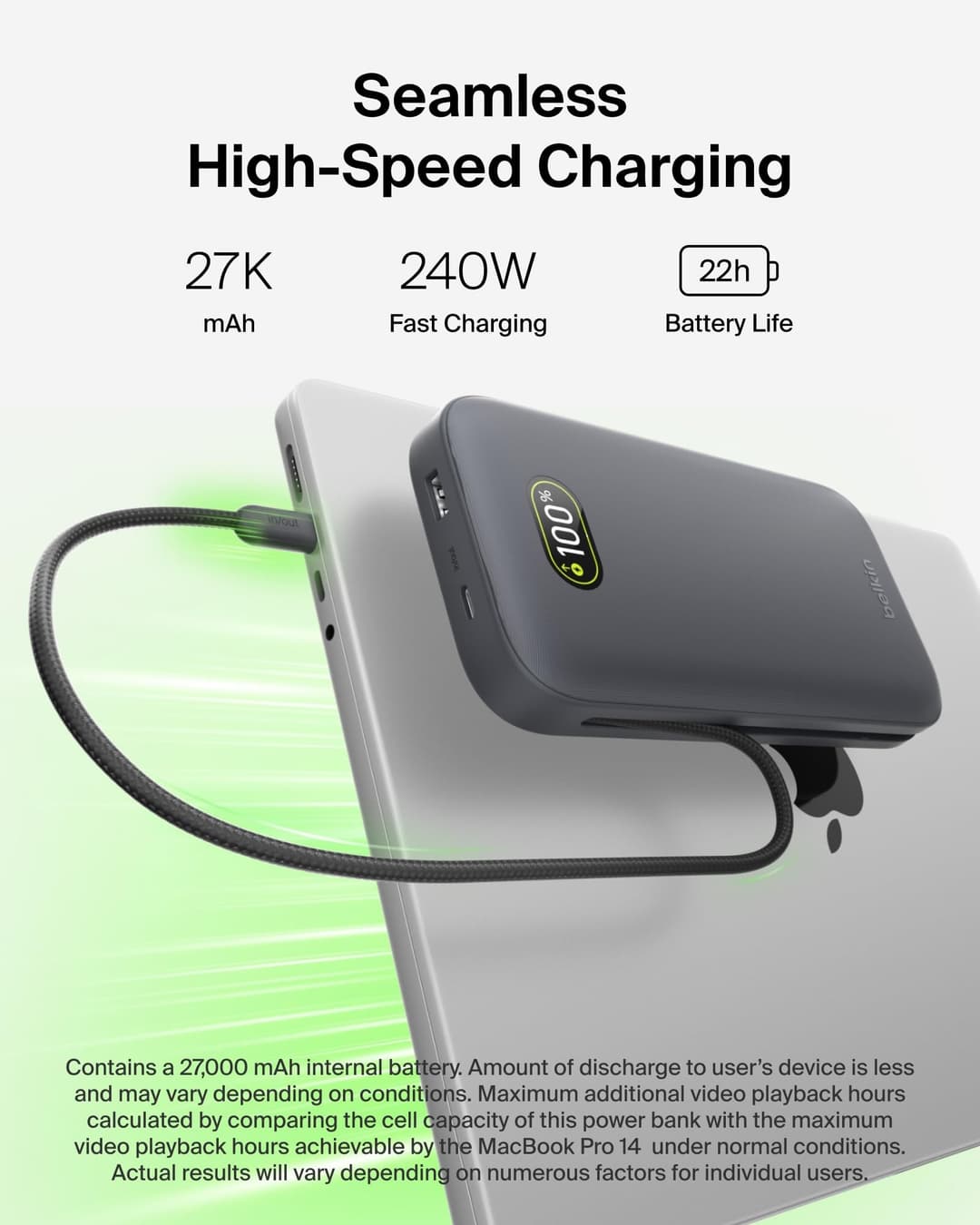 Belkin UltraCharge Pro 27000mAh 240W Power Bank with Integrated USB-C Cable - Charcoal - Image 4