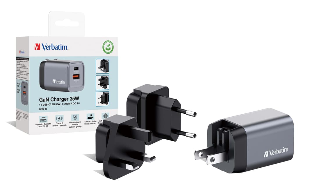 Verbatim GNC-35 GaN Charger 35W with 1 x USB-C PD 35W / 1 x USB-A QC 3.0 (EU/UK/US) - Image 4