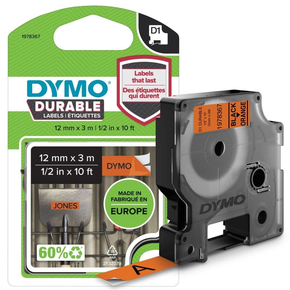 Dymo 1978367 D1 Durable 12mm x 3M Tape Black on Orange - Image 1