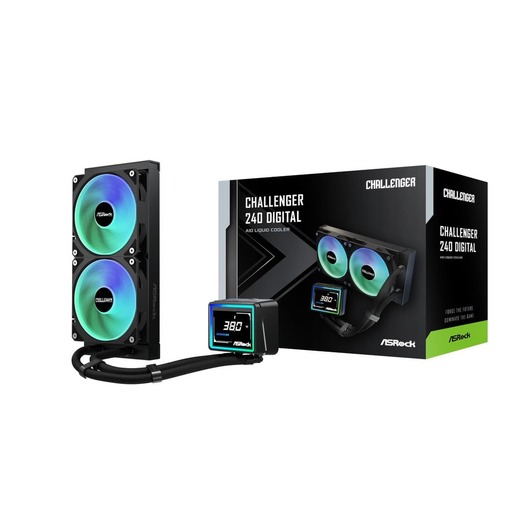 ASRock Challenger 240 Digital AIO Liquid CPU Cooler, 240mm Radiator, 3" Digital Display, ARGB - Black - Image 1
