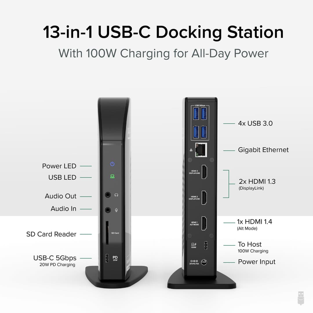 Plugable Technologies 13-in-1 USB-C Triple Monitor Docking Station with 100W Charging, Compatible with Windows, Mac, and Chrome with Thunderbolt 3 / 4 or USB-C (3x HDMI, 1x USB-C, 4x USB, Ethernet, SD Card Reader) - Image 2