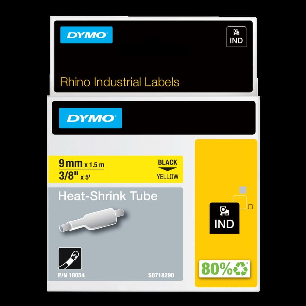 Dymo 18054 Rhino Heat-Shrink Tube 9mm x 1.5m Black on Yellow - S0718290