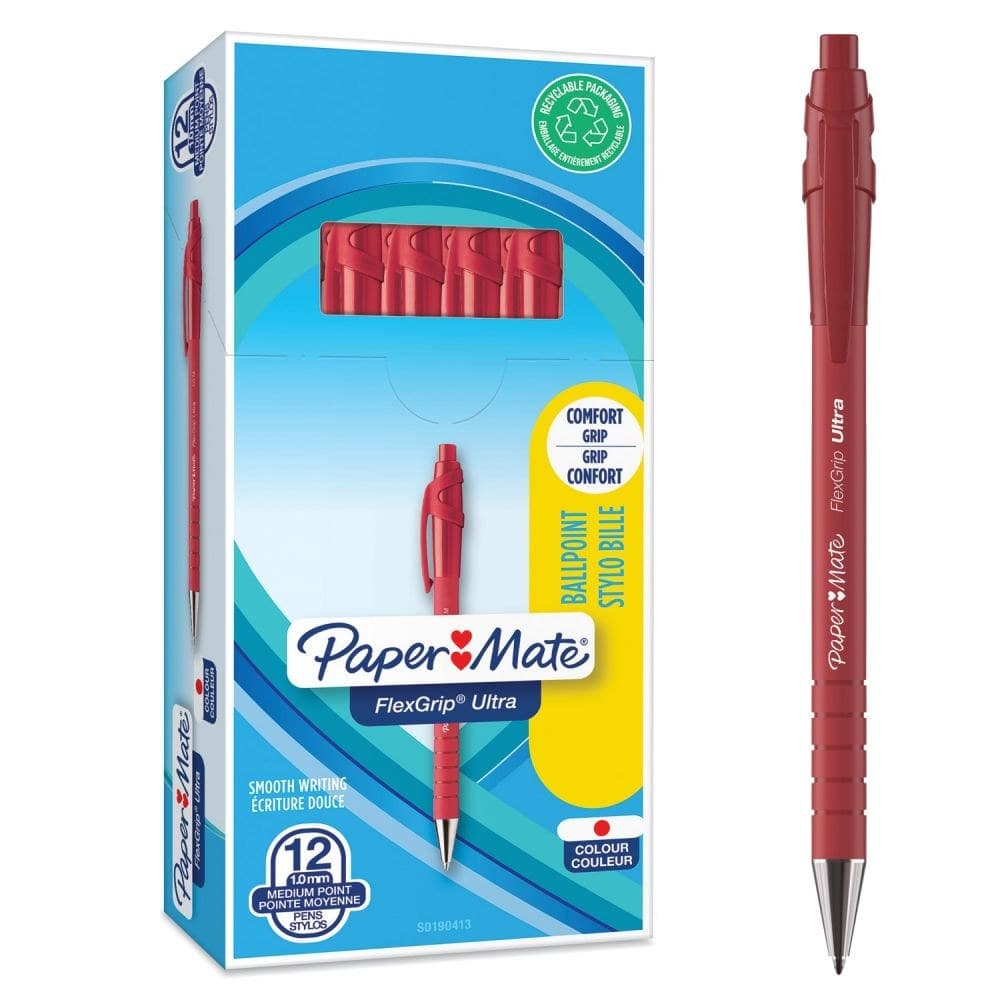 Paper Mate S0190413 Flexgrip Ultra Retractable Ballpoint Pen 1.0mm Medium Box of 12 - Red