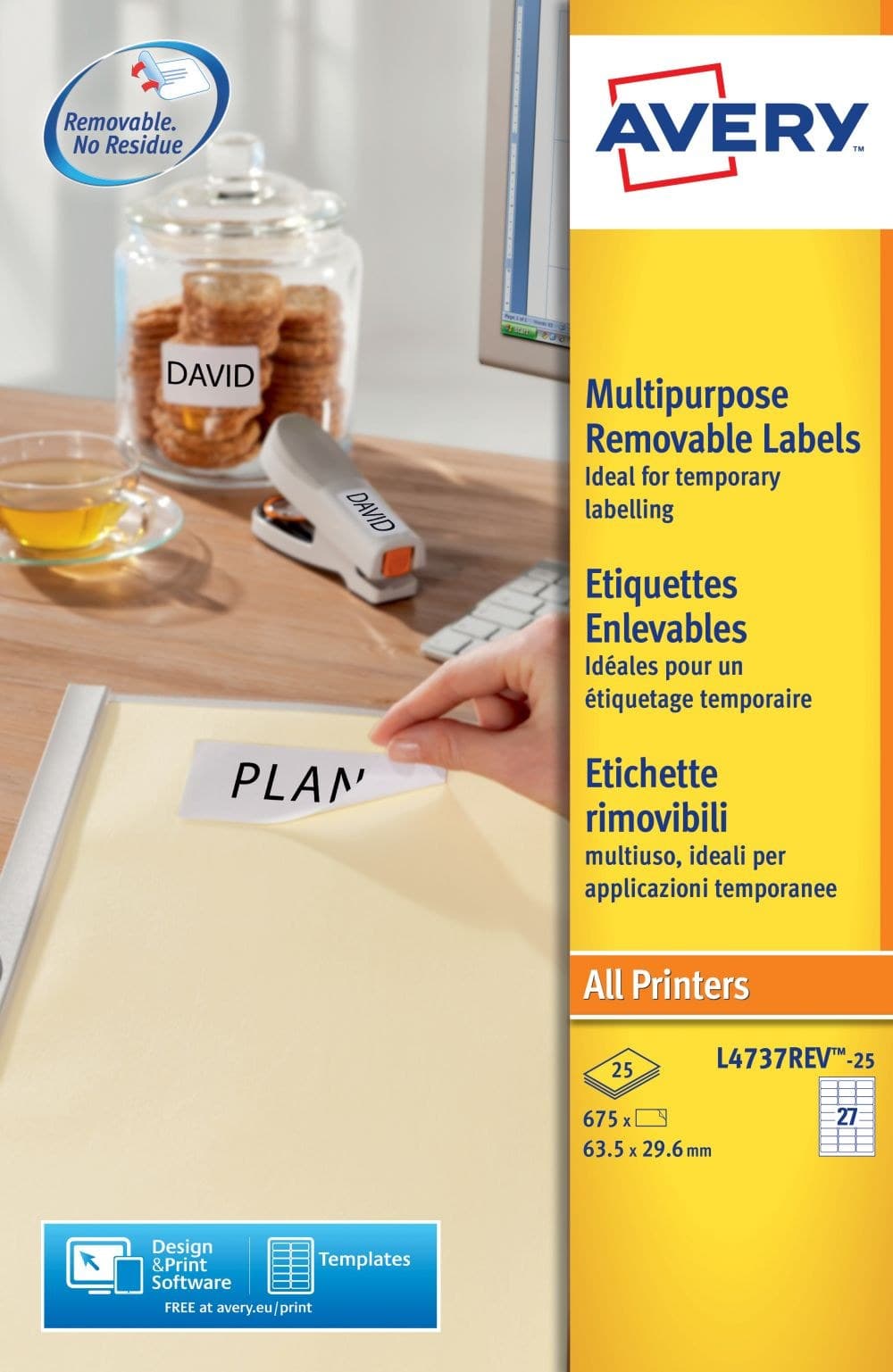 Avery L4737REV-25 63.5 x 29.6mm Multipurpose Removable Labels 25 Sheets - 27 Labels per Sheet (675 Labels) - Image 1