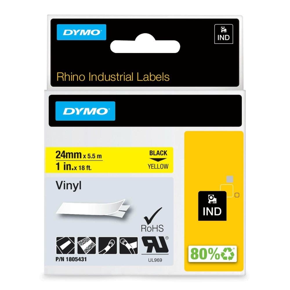 Dymo Rhino 1805431 Industrial Vinyl Label Tape 24mm x 5.5m Black on Yellow