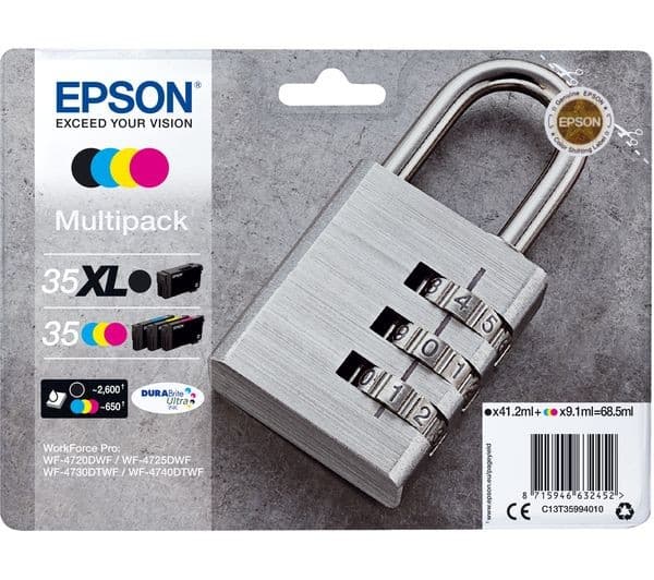 Epson 35XL Black & 35 Cyan, Magenta, Yellow Padlock Ink Cartridges Multipack (C13T35994010)