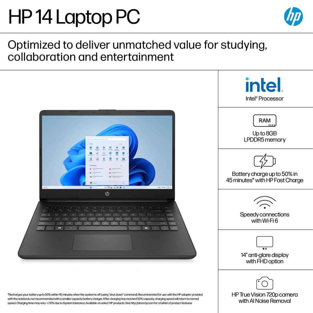 HP 14-dq6002na Intel® N N150 Laptop 35.6 cm (14") HD 4 GB DDR4-SDRAM 128 GB UFS Wi-Fi 6 (802.11ax) Windows 11 Home in S mode Black - Image 4