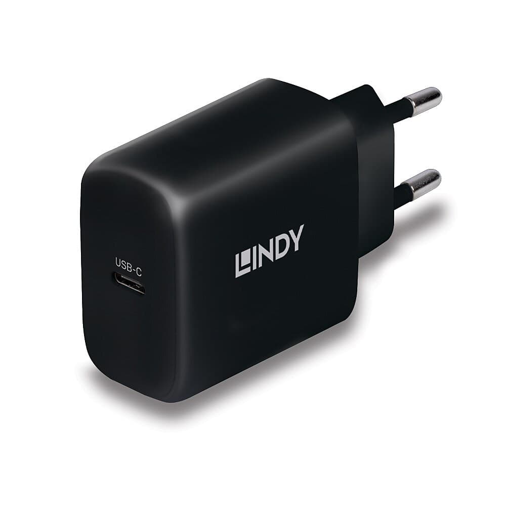 Lindy 65W USB-C GaN Charger, PD 3.0 / PPS, Single Port, EU 2-Pin Plug, Black (73426)