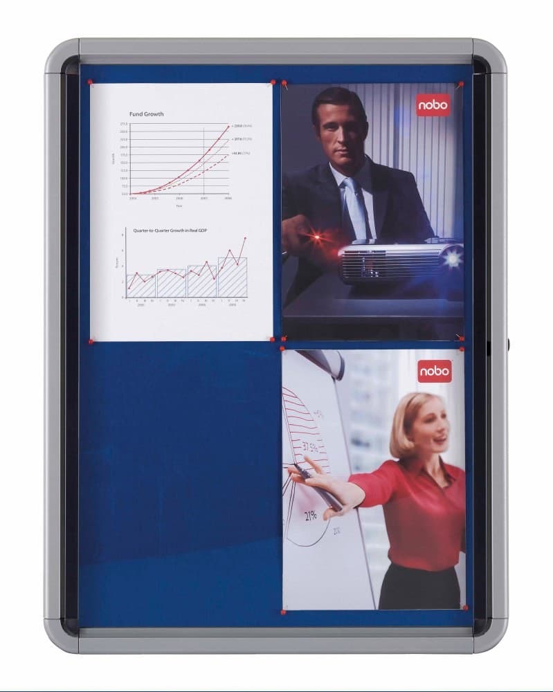 Nobo Premium Plus Internal Glazed Case Lockable Notice Board 9xA4 Blue Felt 709x970mm