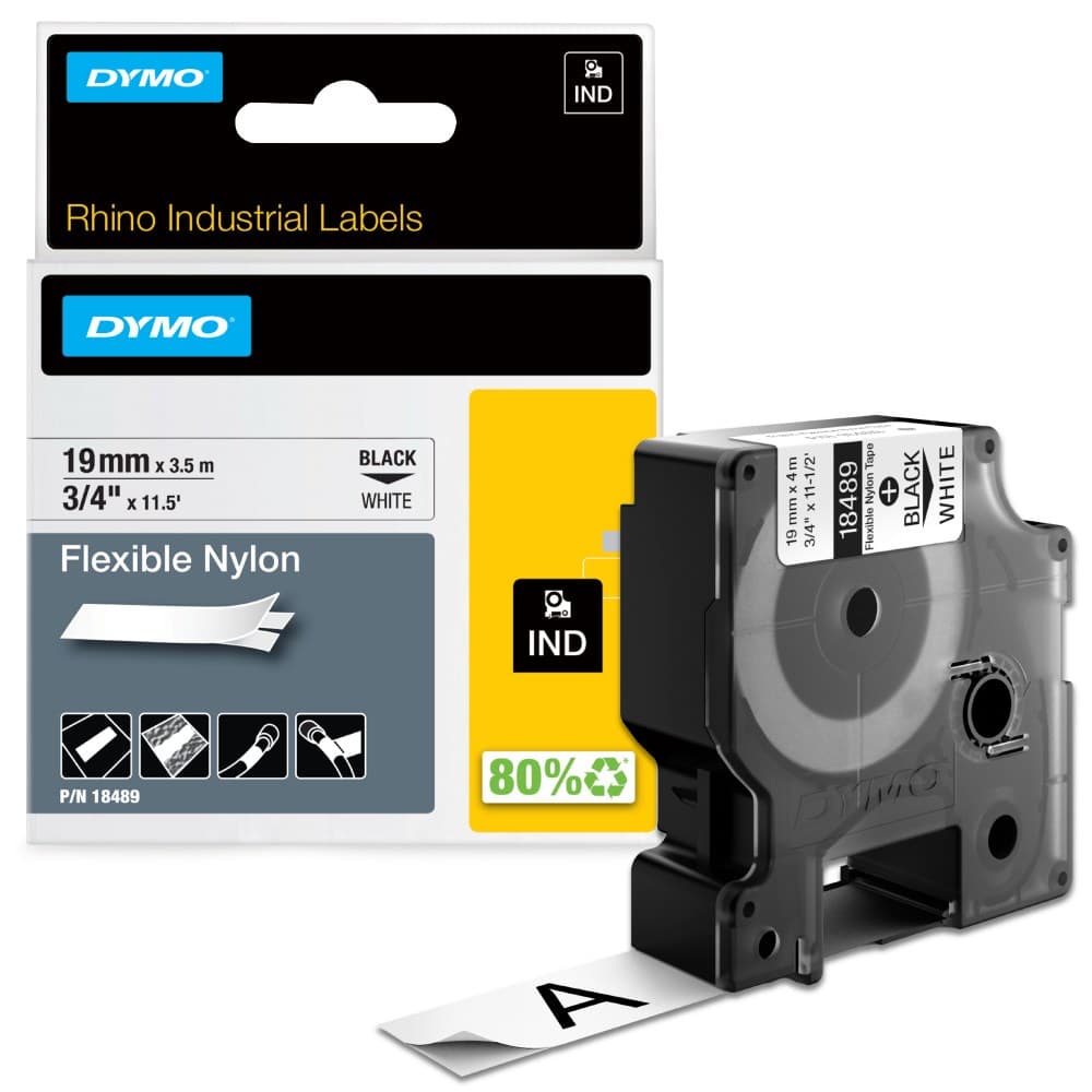 Dymo 18489 19mm x 3.5m Black On White Flexible Nylon Tape - S0718120 - Image 1