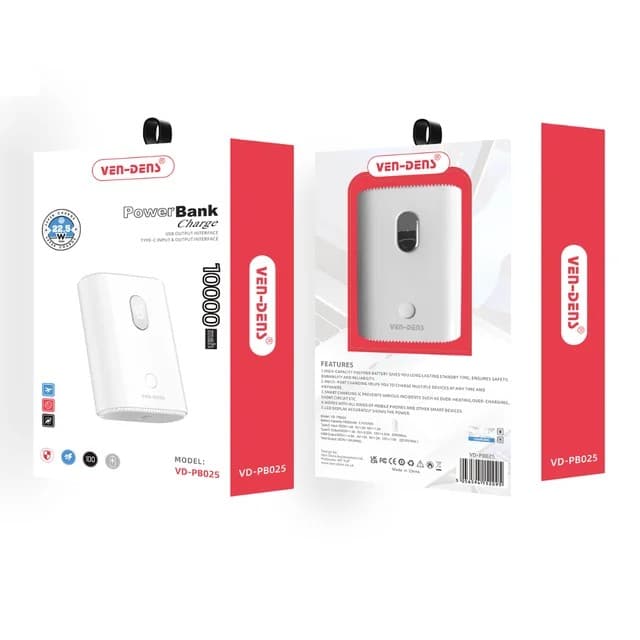 VEN-DENS VD-PB025 10000mAh 22.5W Fast Charging Power Bank – White - Image 2