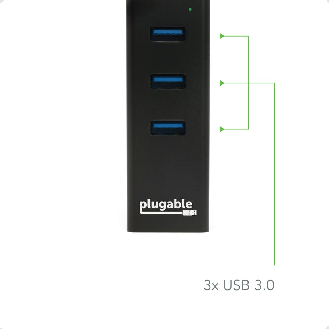 Plugable Technologies USB Hub with Ethernet, 3 port USB 3.0 Bus Powered Hub with Gigabit Ethernet Compatible with Windows, MacBook, Linux, Chrome OS, Includes USB C and USB 3.0 Cables - Image 3