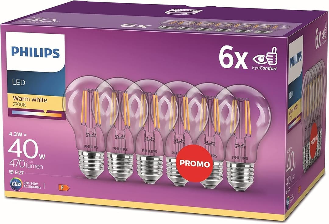 Philips LED Premium Classic Filament A60 Light Bulb 6 Pack - Warm White - Image 1