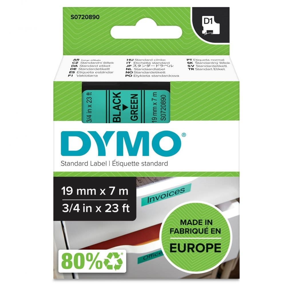 Dymo 45809 19mm x 7m Black on Green Tape - Image 1