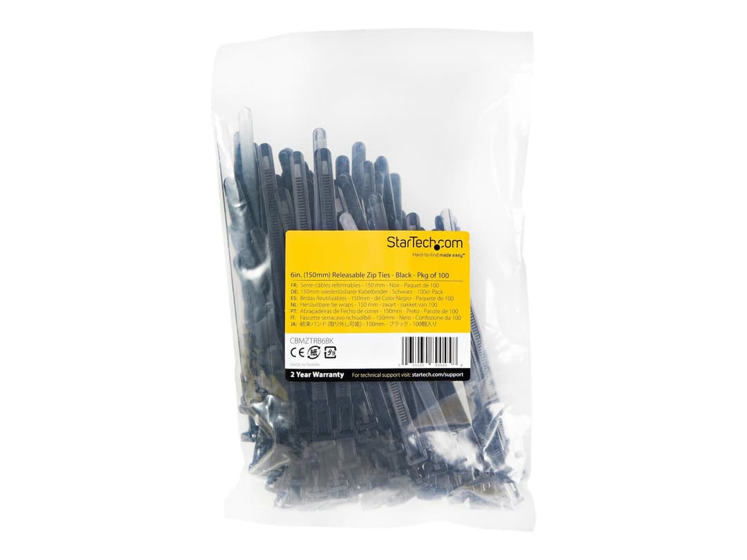 StarTech Reusable Cable Ties 15cm 100 Pack Black - Image 1