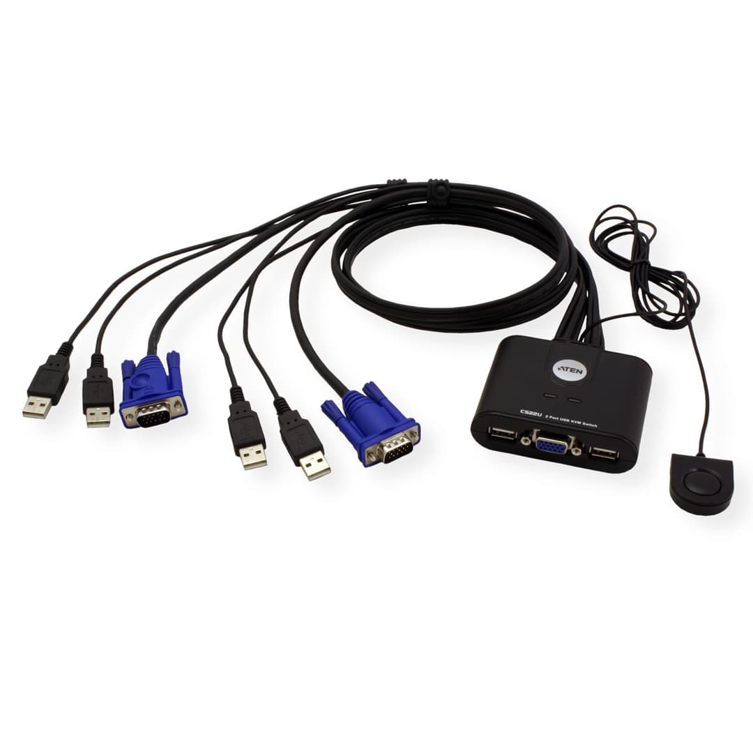 ATEN CS22U 2-Port USB VGA Cable KVM Switch With Remote Port Selector - Black - Image 2