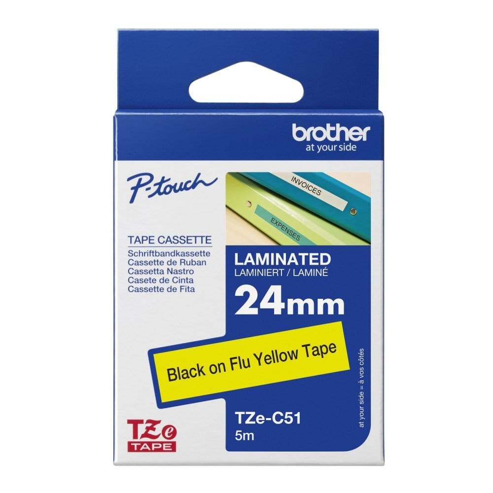 Brother TZEC51 Black on Yellow 5M x 24mm Fluorescent Tape