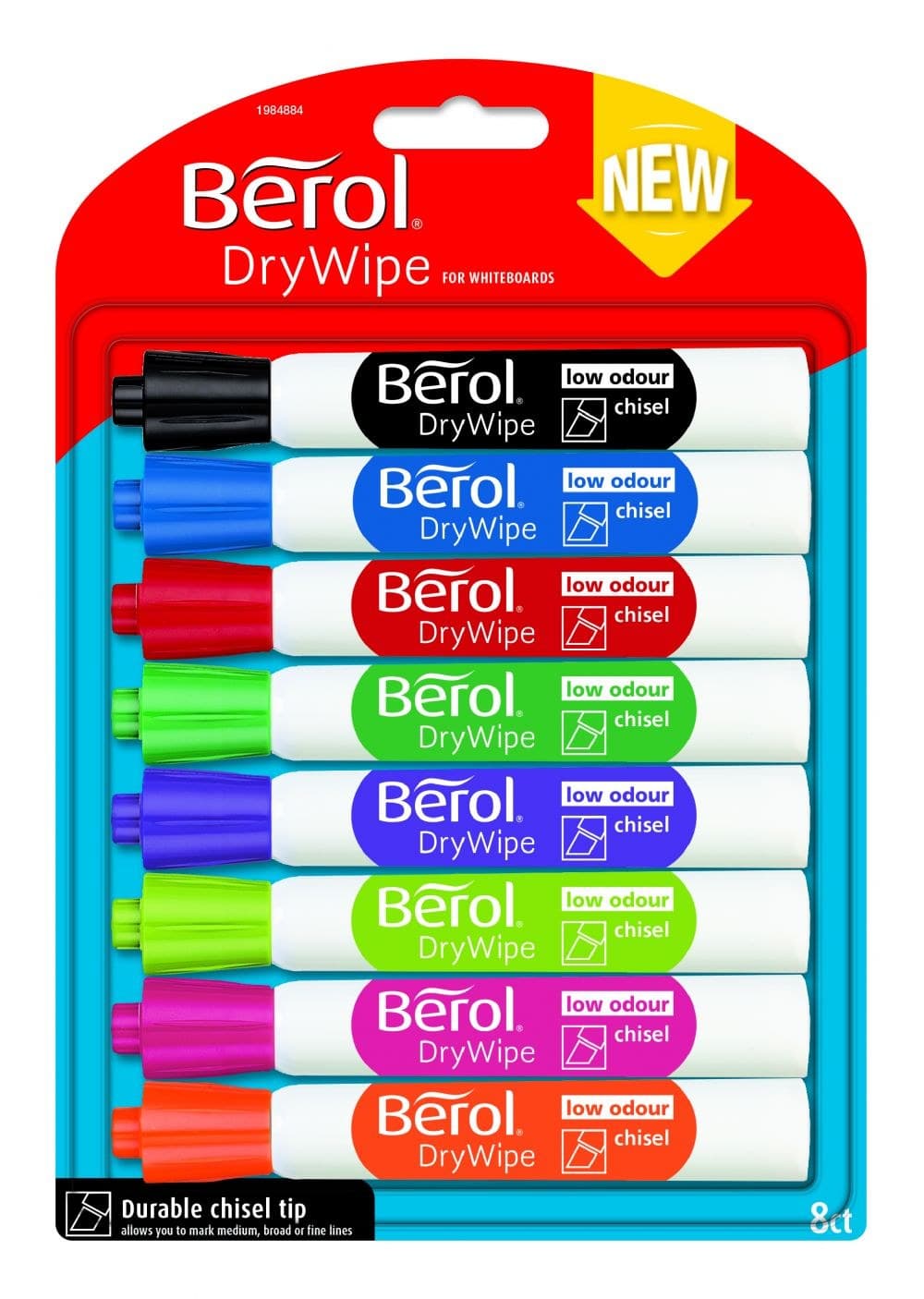 Berol Dry Wipe Whiteboard Marker Pens Assorted colours Chisel Tip Pack of 8