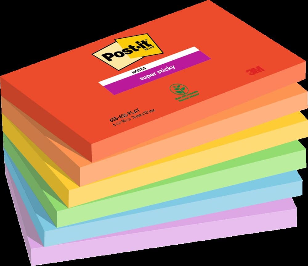 Post it Pack of 6 Super Sticky Notes Playful Colours 76x127mm 90 Sheet