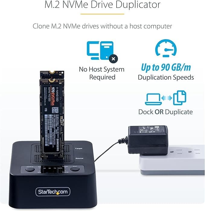 StarTech.com M2-HDD-DUPLICATOR-N1 1:1 M.2 NVMe SSD Duplicator Cloner Dock Dual Bay USB-C 3.2 20Gbps up to 90GBpm with USB-C/A Cables - Image 2