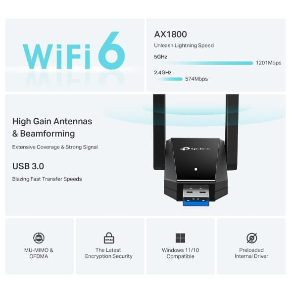 TP-Link Archer TX30U Plus AX1800 High-Gain Dual-Band Wi-Fi 6 USB Adapter - Image 4