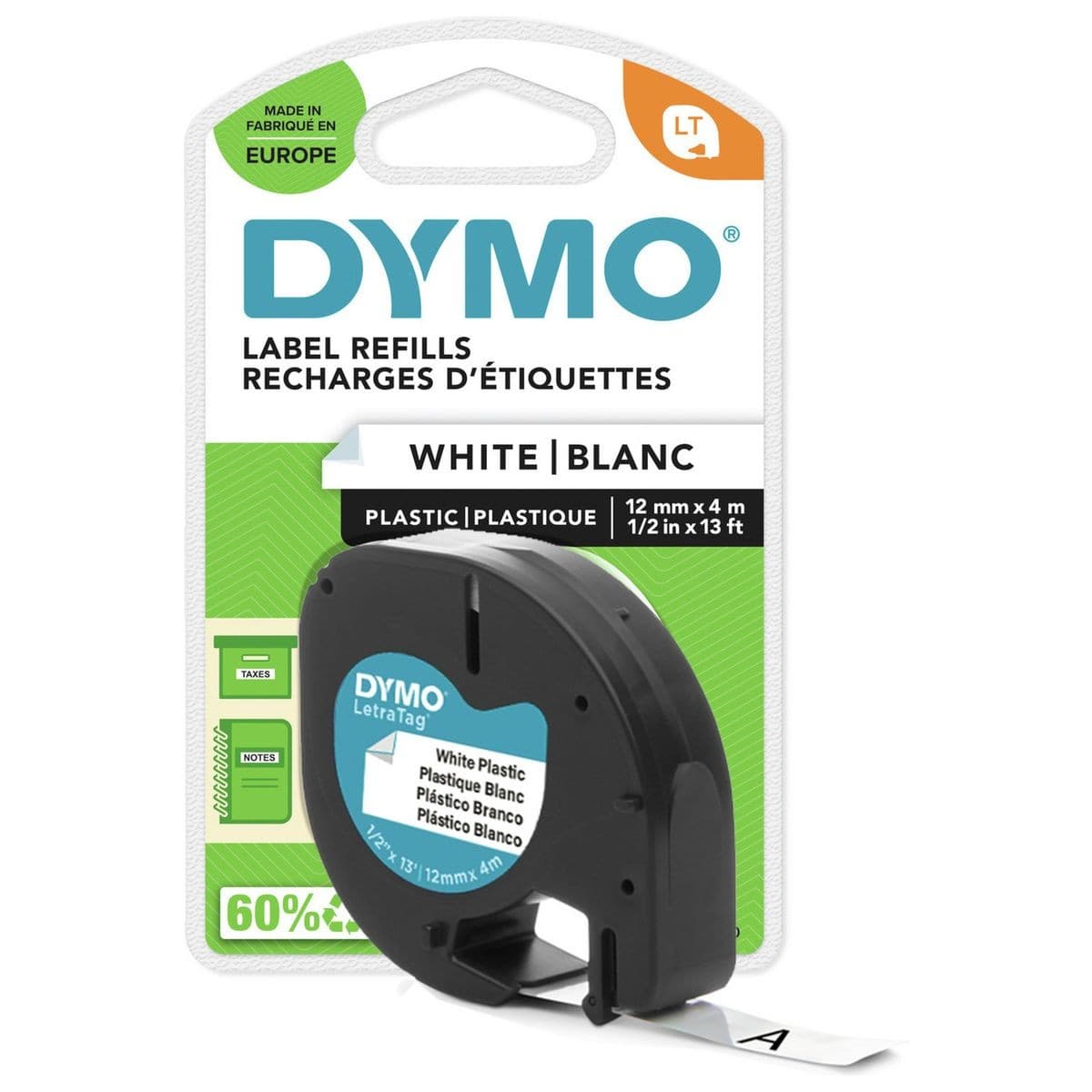 Dymo LetraTag Plastic Label Tape S0721660 (91221) - 12mm x 4m - Black on White