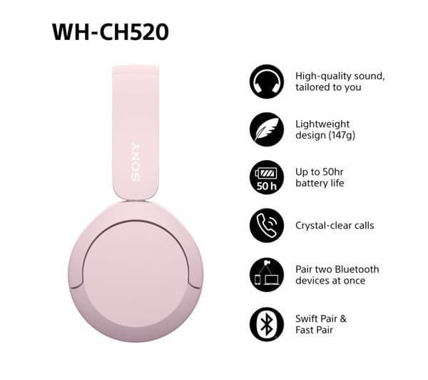 Sony WH-CH520 Wireless Headphones - Pink - Image 4