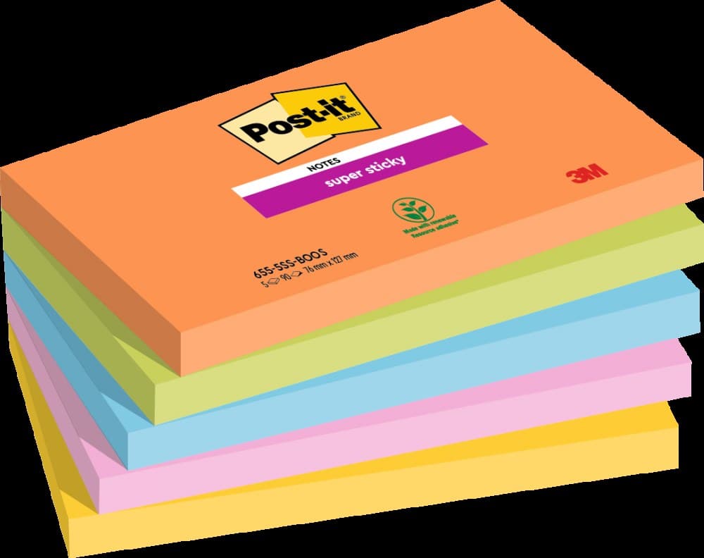 Post it Pack of 5 Super Sticky Notes Boost Colours 76x127mm 90 Sheets