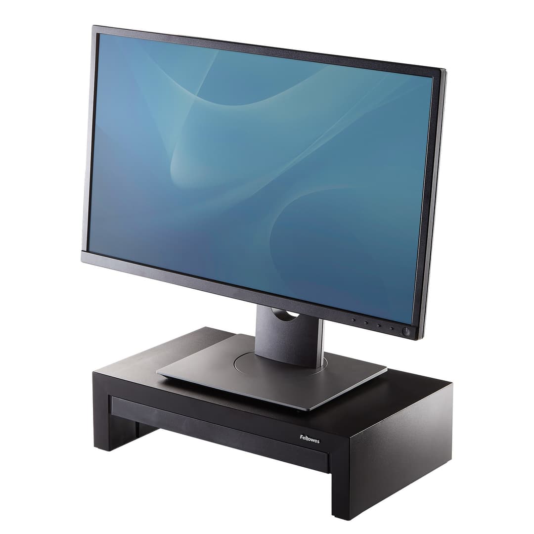 Fellowes Computer Monitor Stand with 3 Height Adjustments - Designer Suites Monitor Riser with Storage Tray - Ergonomic Adjustable Monitor Stand for Computers - Max Weight 18KG/Max Size 21" - Black/Pearl - Image 1