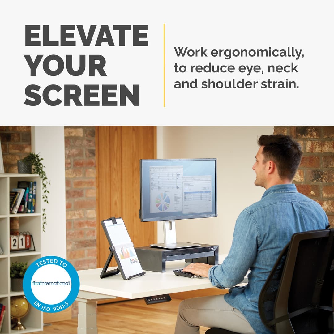 Fellowes Computer Monitor Stand with 3 Height Adjustments - Designer Suites Monitor Riser with Storage Tray - Ergonomic Adjustable Monitor Stand for Computers - Max Weight 18KG/Max Size 21" - Black/Pearl - Image 2