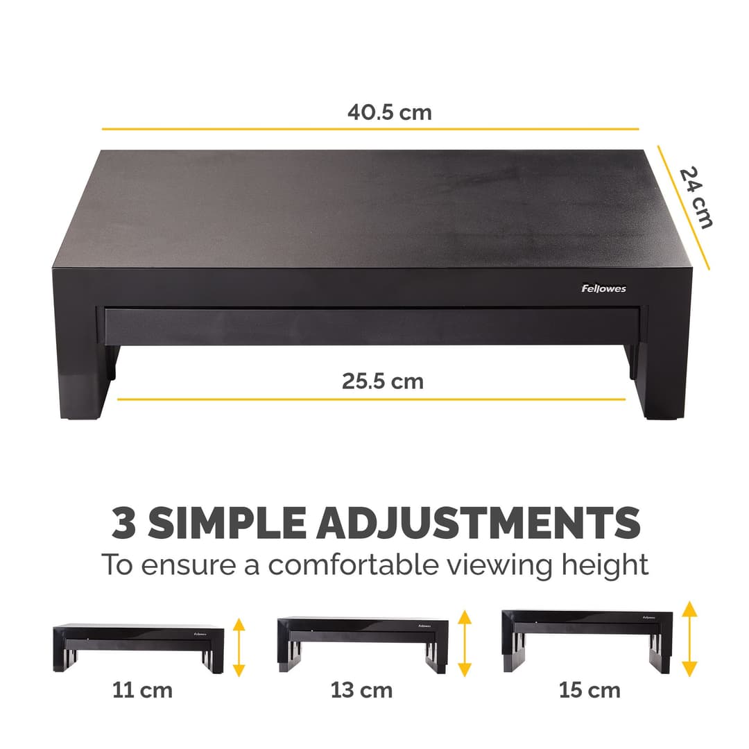 Fellowes Computer Monitor Stand with 3 Height Adjustments - Designer Suites Monitor Riser with Storage Tray - Ergonomic Adjustable Monitor Stand for Computers - Max Weight 18KG/Max Size 21" - Black/Pearl - Image 4