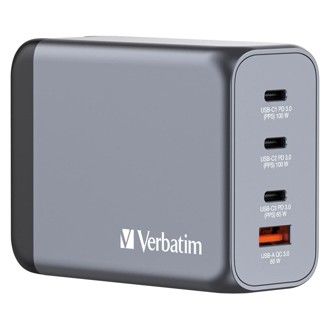 Verbatim GNC-200 GaN Charger 200W with 2 x USB-C PD 100W / 1 x USB-C PD 65W / 1 x USB QC 3.0 (EU/UK/US) - Image 1
