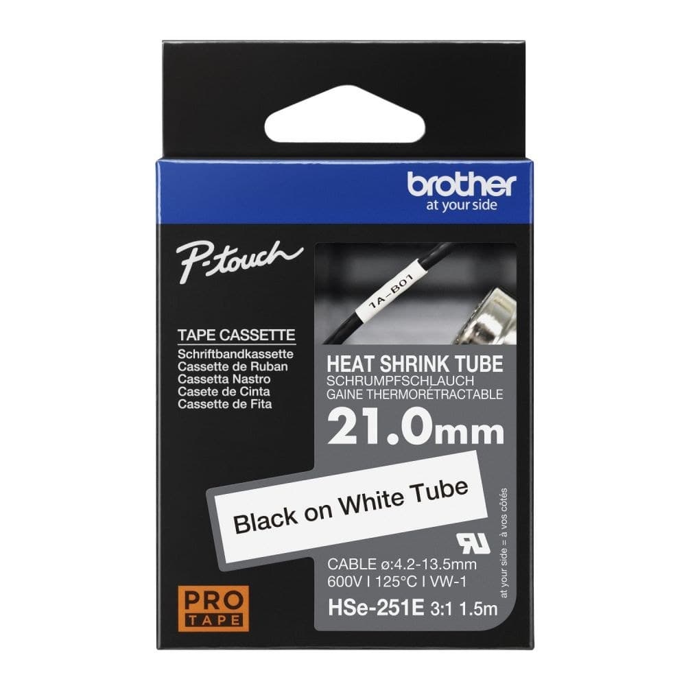 Brother HSE-251E 21mm x 1.5m Black on White Heat Shrink Tube Tape Cassette