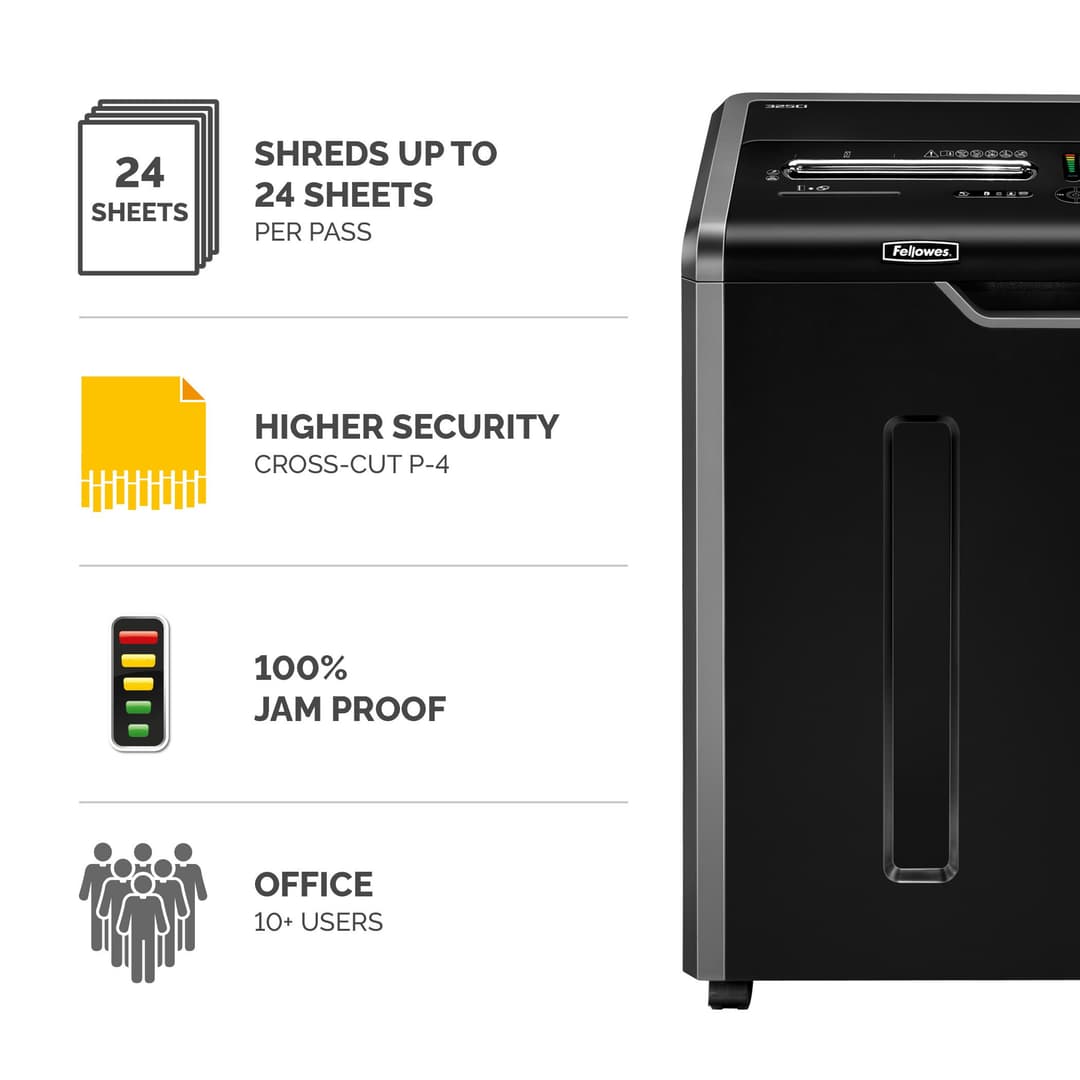 Fellowes Paper Shredder 325Ci 24 Sheet Cross Cut Shredder with 83 Litre Bin High Security P4 - Image 2