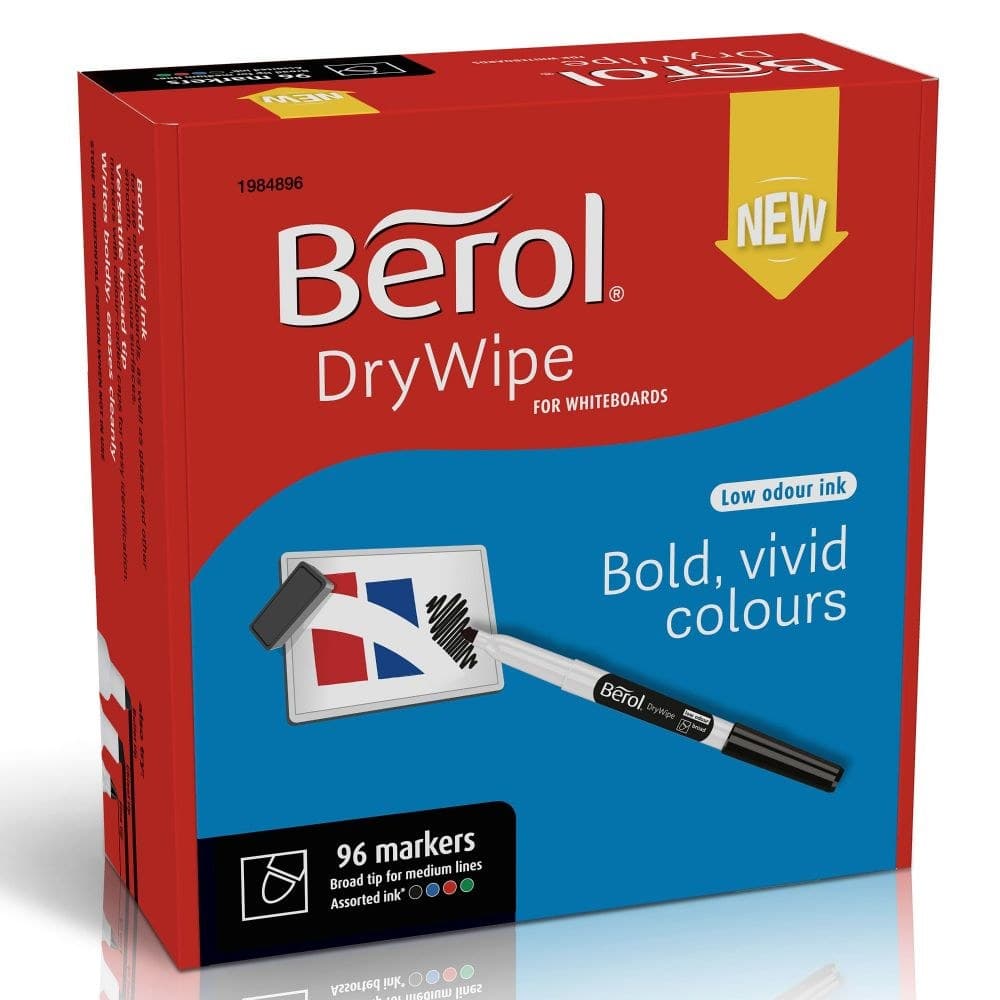 Berol Dry Wipe Whiteboard Marker Pens Black Broad Tip Pack of 192 - Image 1