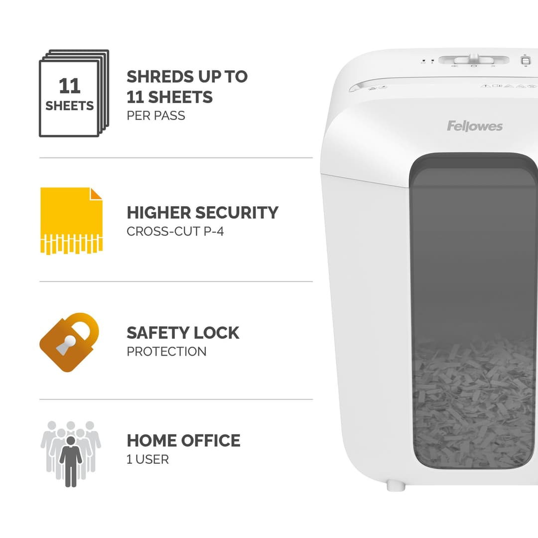 Fellowes LX Series Paper Shredder LX70 11 Sheet Cross Cut Shredder with 18 Litre Bin High Security P4 White - Image 2