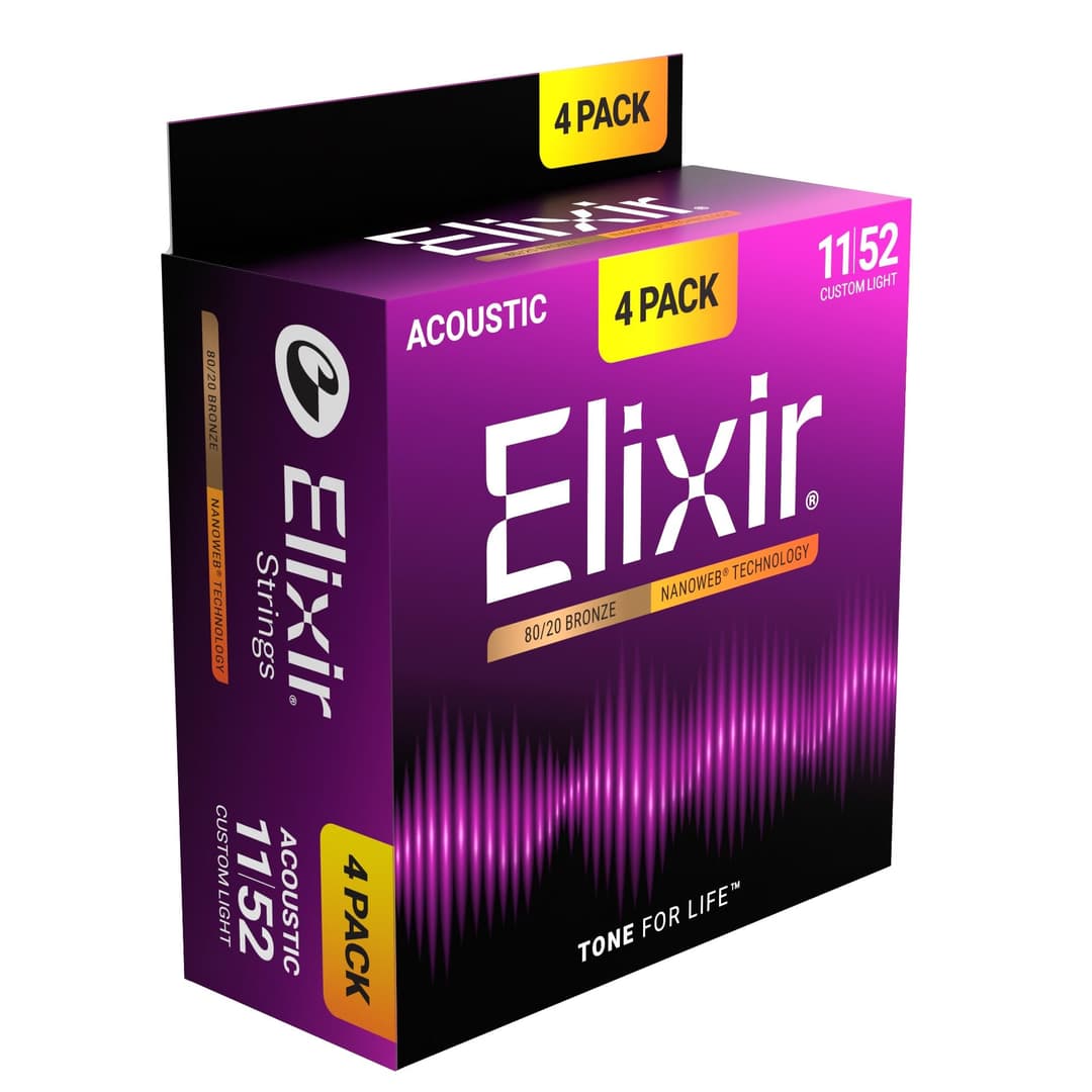 Elixir Strings 80/20 Bronze Acoustic Guitar Strings With NANOWEB Technology, Custom Light (11-52) 4 Pack - Purple - Image 1
