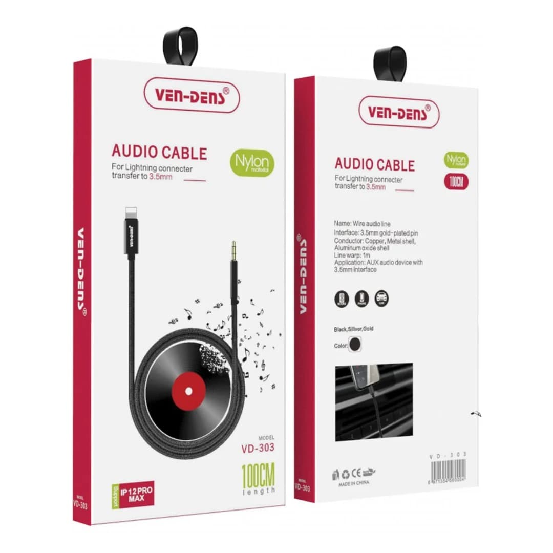 Lightning to 3.5mm AUX Cable 1M Nylon Braided Audio Adapter VD-303 - Black - Image 2
