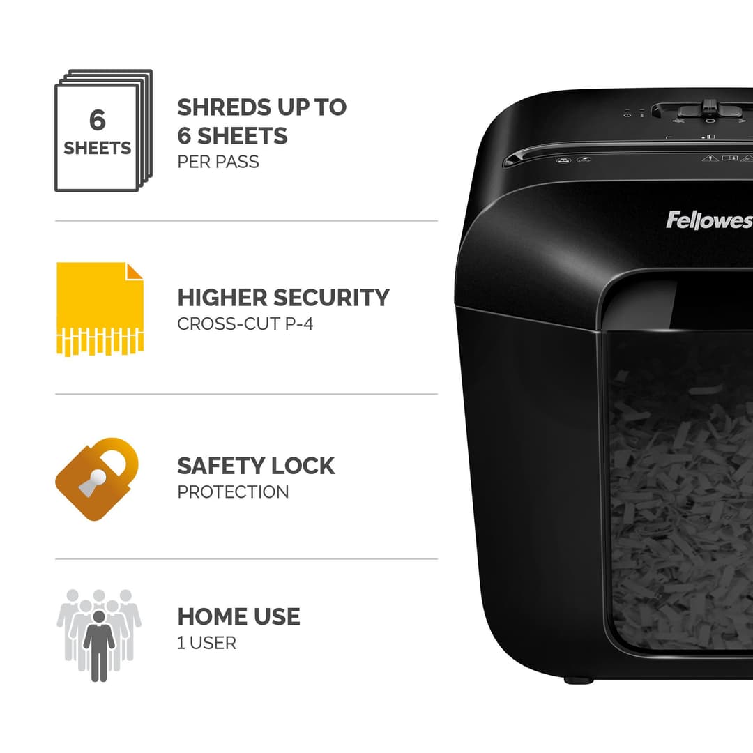 Fellowes LX Series Paper Shredder LX25 6 Sheet Cross Cut Shredder with 11.5 Litre Bin High Security P4 Black - Image 2