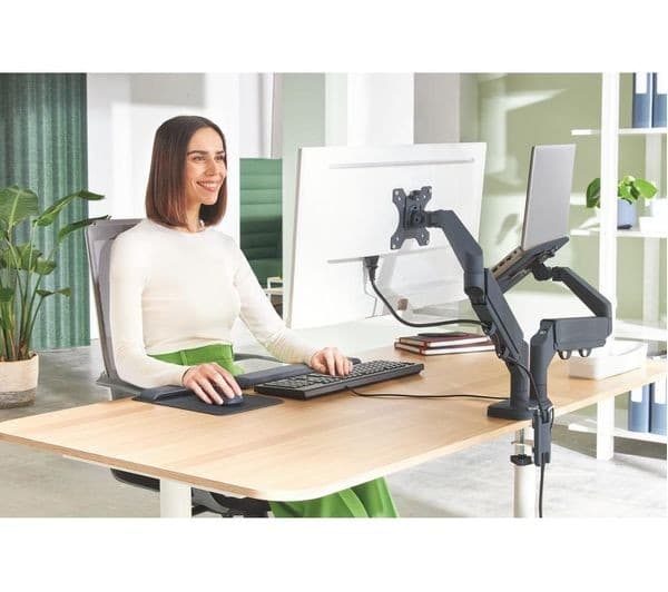 LEITZ Ergo Space Saving Dual Arm Tilt & Swivel 17-32" Monitor and 13-17" Laptop Desk Mount - Image 9